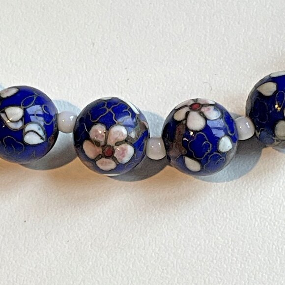 Vintage Cobalt Floral Millefiori Venetian Glass Bead Necklace Murano Vibes 17" - Picture 2 of 6